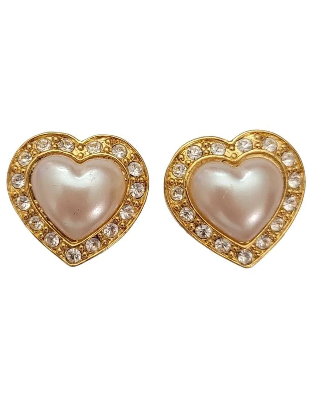 Avon Gold Tone Clear Rhinestone Faux Pearl Heart Shape Clip-On Earrings, E813